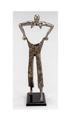 Modern statue holding oversized trousers