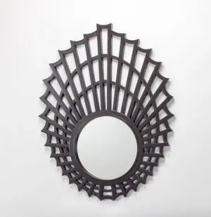 Ornate round mirror with geometric frame