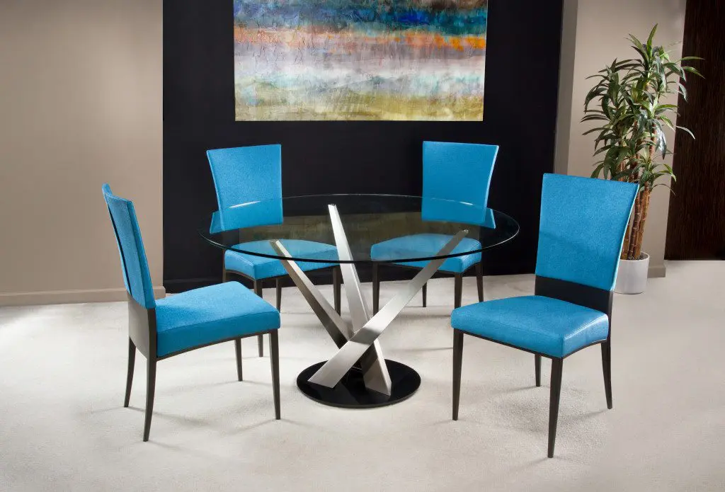 Modern dining set with blue chairs