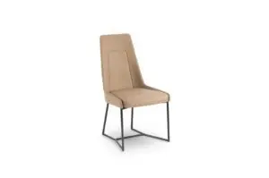 Tan upholstered chair with sleek frame